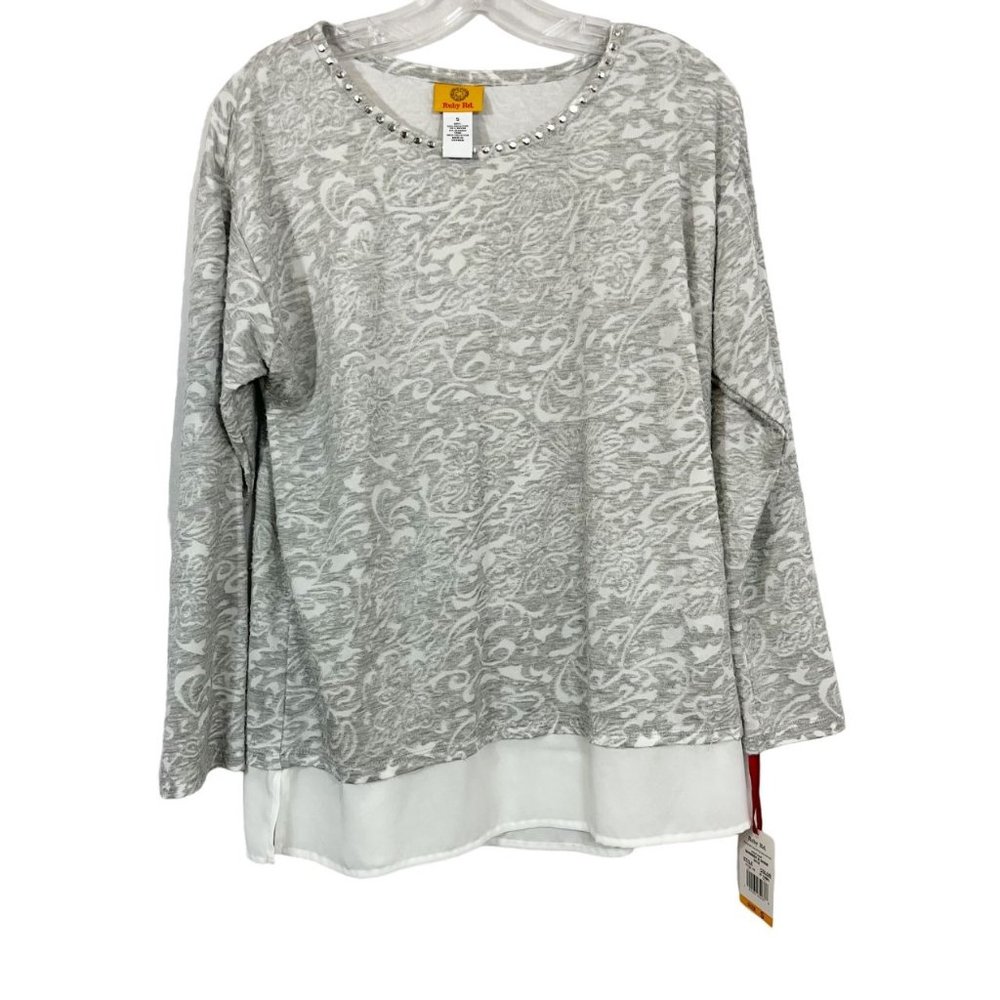 Ruby Rd NEW Gray Burnout Long Sleeve Top‎ White Faux Layered Hem - Size Small